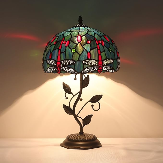 Tiffany Style Table Lamp Handmade Stained Glass Bedside Lamp 12x12x20 inch Metal Leaf Base,Art Glass Lamp for Living Room, Bedroom, Office Decor(Red Dragonfly)