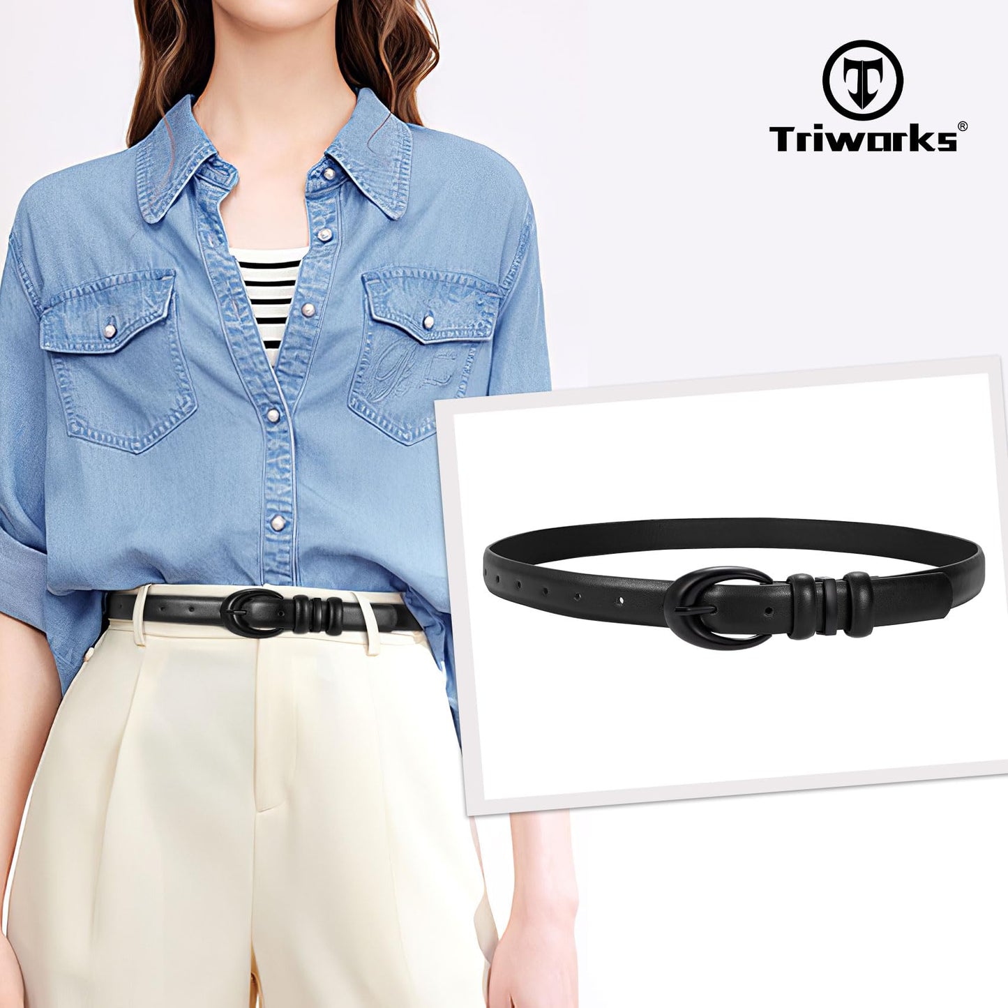 TRIWORKS Women Leather Belt for Jeans Pants Fashion Ladies Skinny Faux Leather Dress belt with Black Buckle