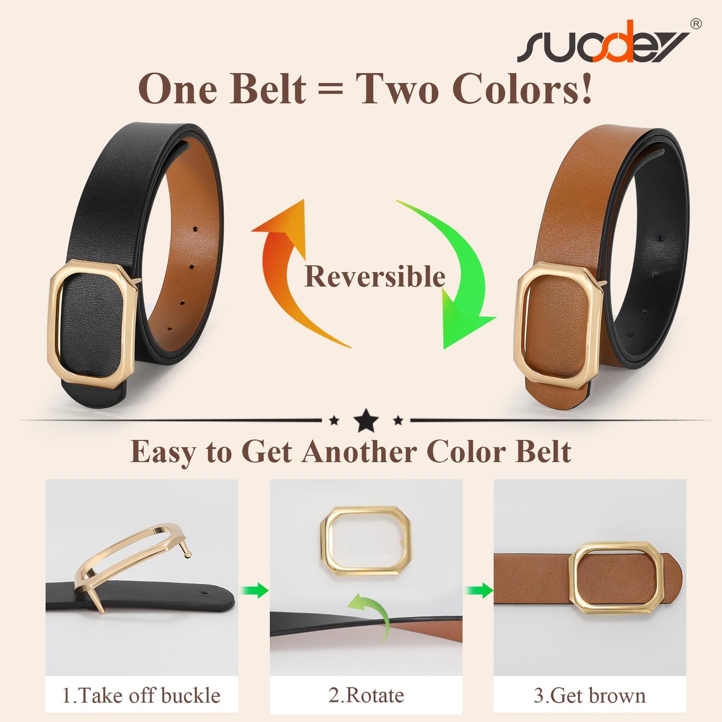 SUOSDEY Women Reversible Leather Belt for Jeans Pants Dresses Ladies Waist Belt, 1.3" Width,black/brown