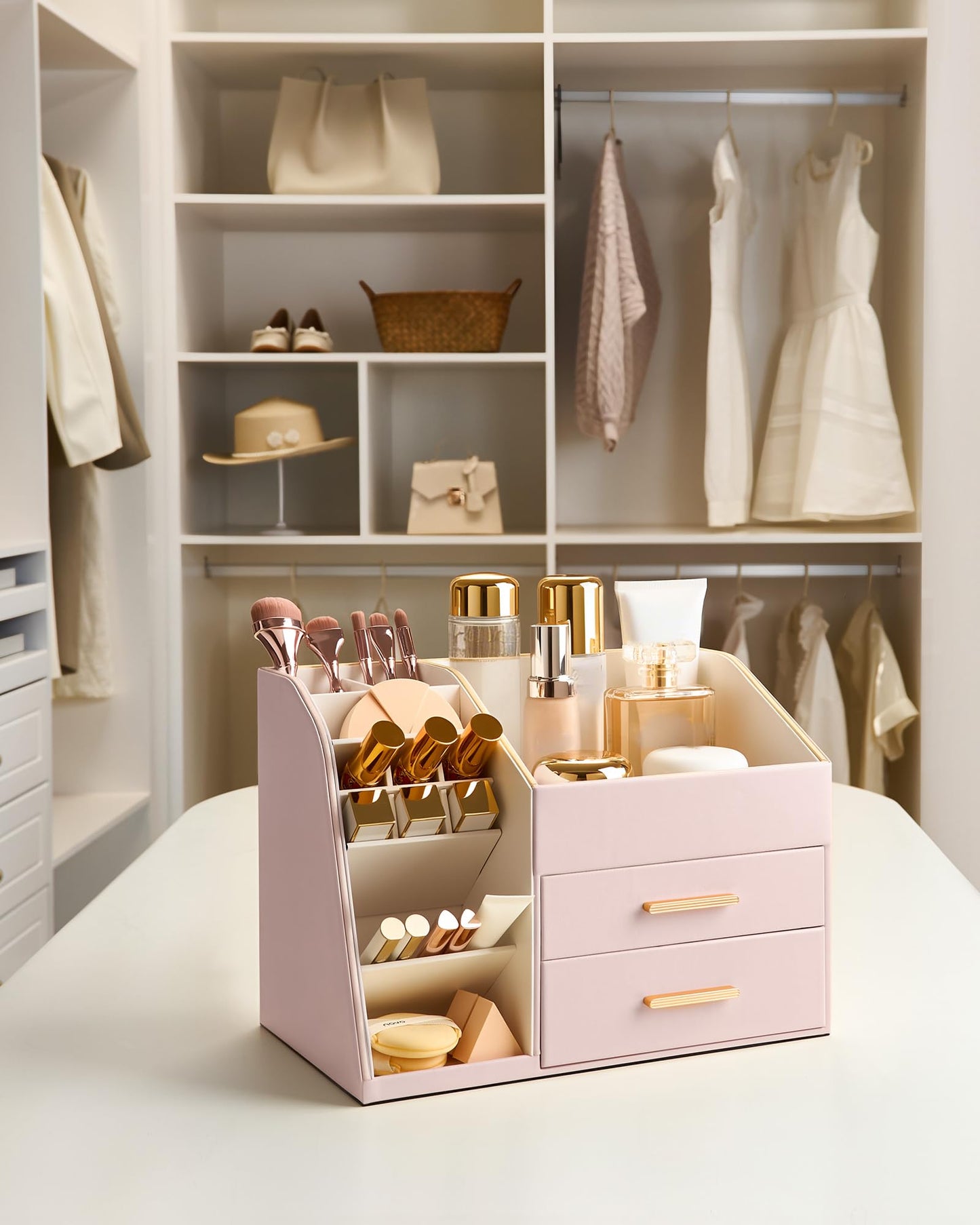 Lolalet Makeup Organizer Countertop with Drawers, Easy to Clean PU Leather Storage Box, 3-Layer Cosmetic Holder for Skincare, Lipstick, Perfume & Brush, Display Case for Vanity Dresser Bathroom - Pink
