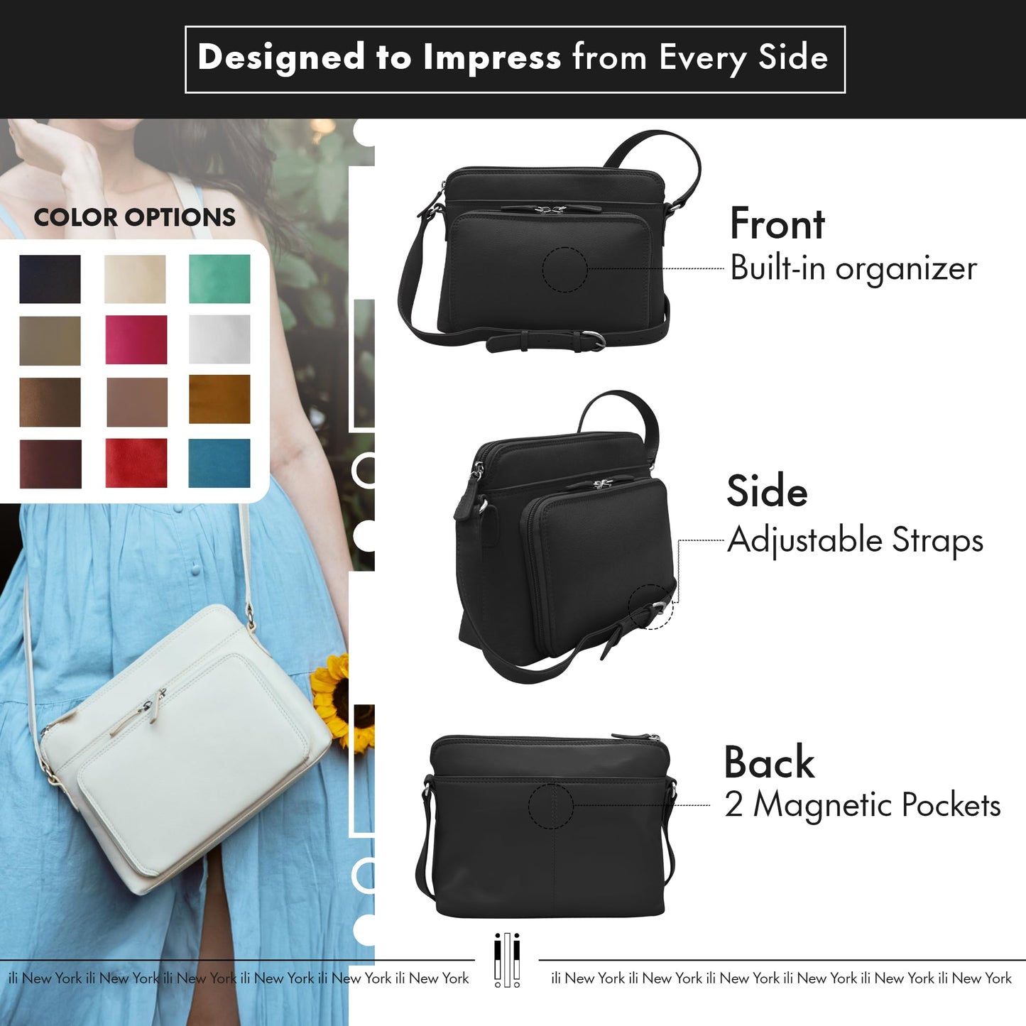 Genuine Soft Leather Cross Body Bag with Front Organizer Wallet,Black