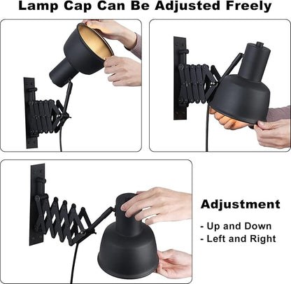 COSYLUX Industrial Plug in Wall Sconces for Bedroom Bedside, Vintage Extended Swing Arm Wall Lamp with Plug in Cord, Modern Wall Mounted Reading Lighting Fixture for Living Room, Black