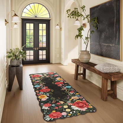Kitchen Rug Runners for Hallways: 2x6 Washable Runner Rugs for Kitchen Ultra Thin Stain Resistant Non Slip Low Pile Lightweight Vintage Floral Carpet for Laundry Room, Bedside Decor (Black)