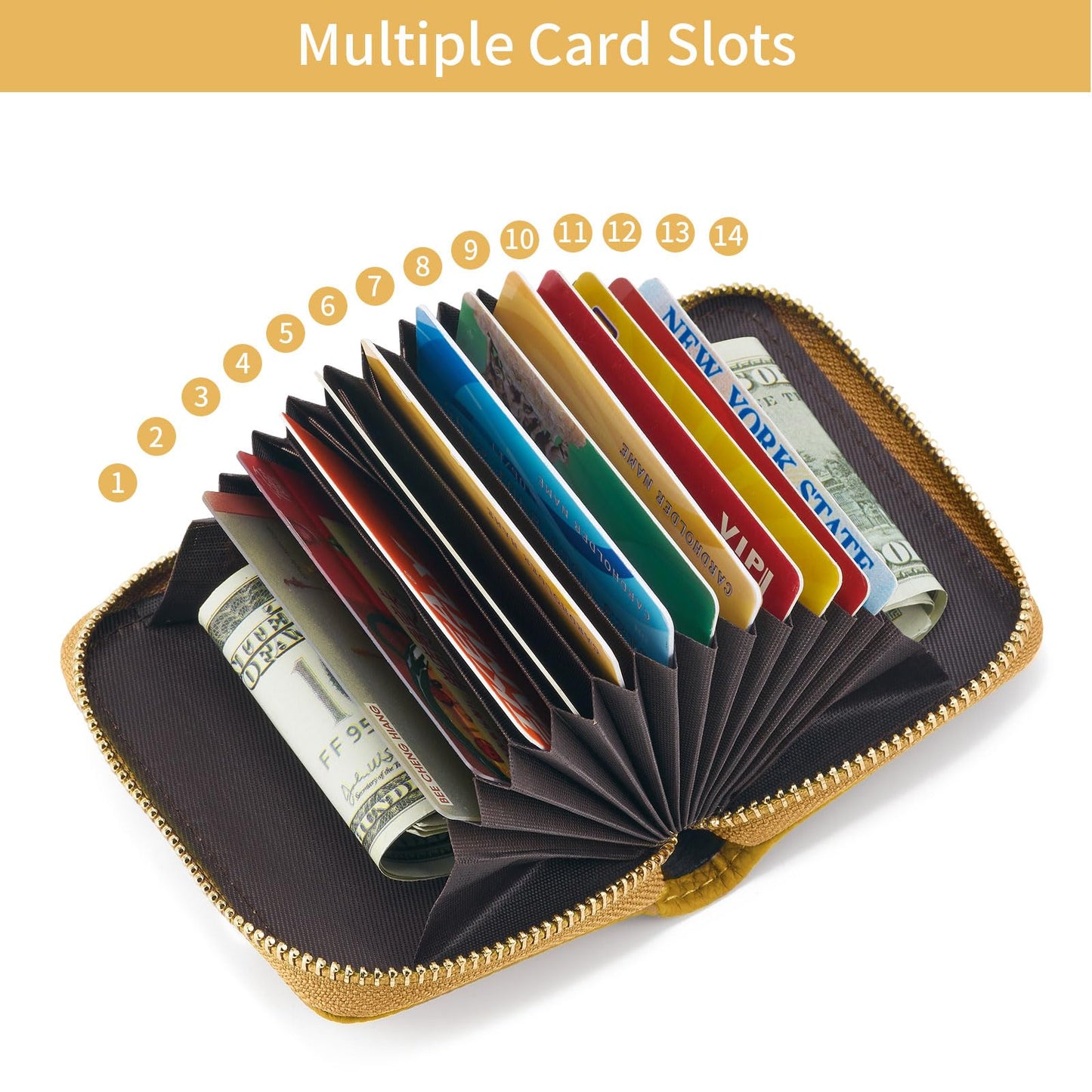 WOZEAH Small Women RFID Wallet Credit Card Holder, Accordion Wallet Leather Zipper Card Case（Yellow）