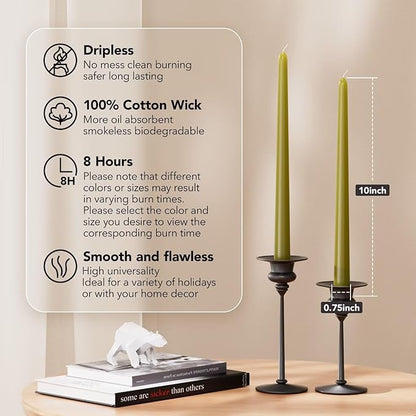 10-Inch Tall Dripless Taper Candles Set of 4 - Olive Green Tapered Candles, Perfect for Halloween - Smokeless, Unscented, Long Burning - Hand Poured, Colored Tall Candlesticks - Oliva