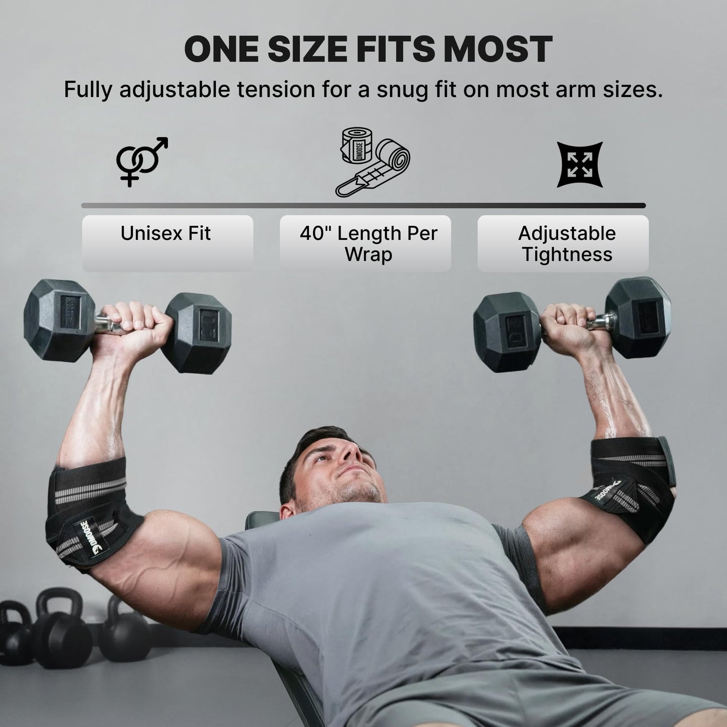 DMoose Fitness Elbow Wraps for Weightlifting (Pair) - 40'' Adjustable Elbow Strap for Gym Workout & Bench Press, Compression Elbow Wraps for Tendonitis & Joint Support, Elbow Sleeve (White Stripes)