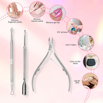 Makartt Cuticle Trimmer with Cuticle Pusher, Silver Nail Trimmer Nail Care Manicure and Pedicure Kit with Stainless Steel Cuticle Nipper and Dual End Nail Pushers for Home Salon Use (Pack of 3 PCS)