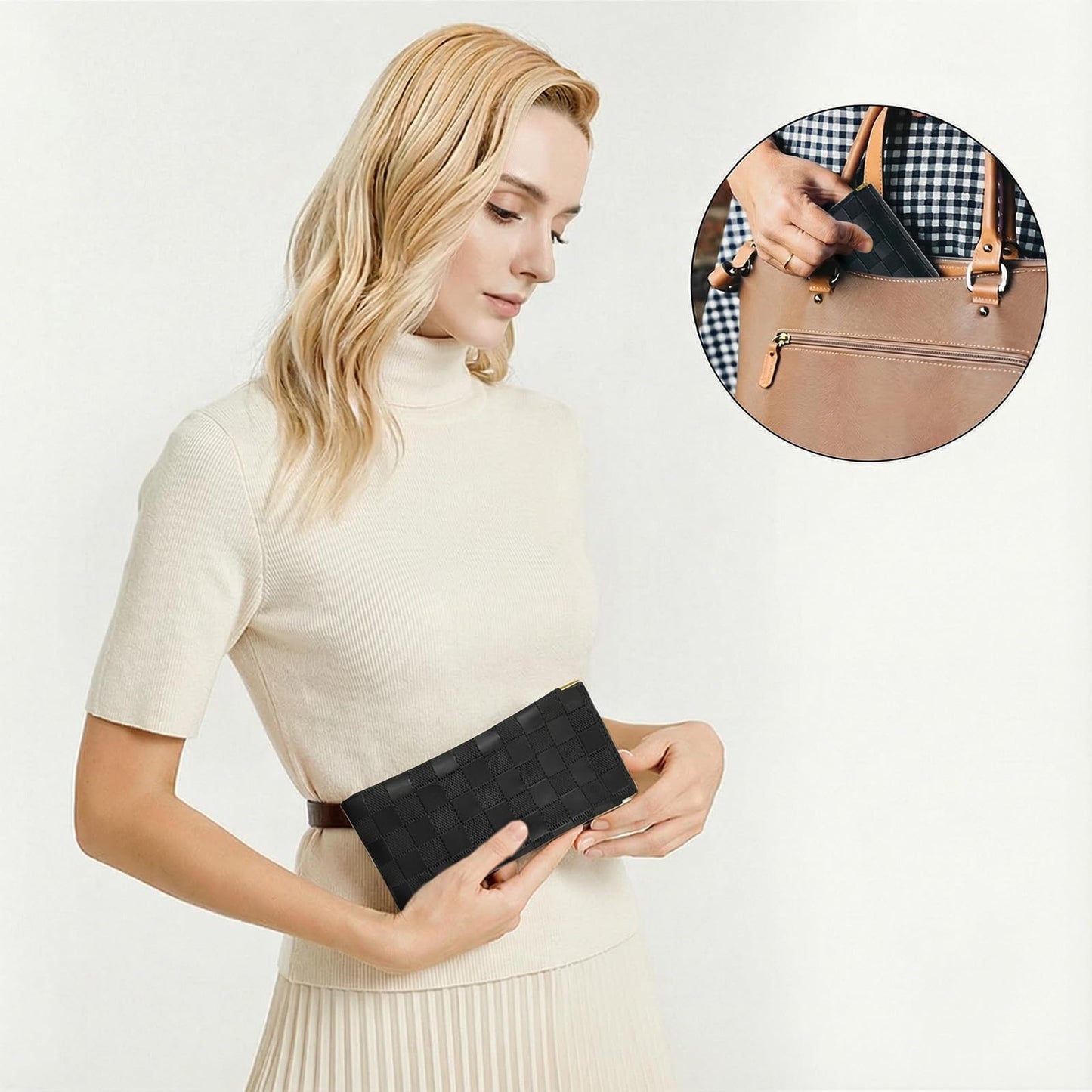 3Pcs Small Makeup Bag for Purse, Waterproof Portable Checkered Leather Makeup Pouch, Small Purse Pouches for Purse Small Coin Purse Organizer Pouches Snap Closure Pocket Cosmetic Bag for Women (Black)