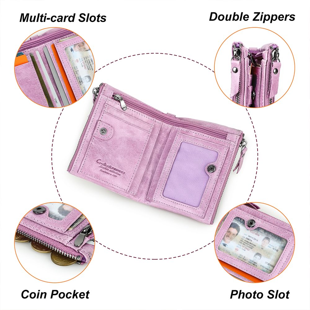 CONTACTS Soft Leather Wallet for Women Small Bifold Coin Purse Double Zipper Card Holder with RFID Blocking (Pinkish Purple)
