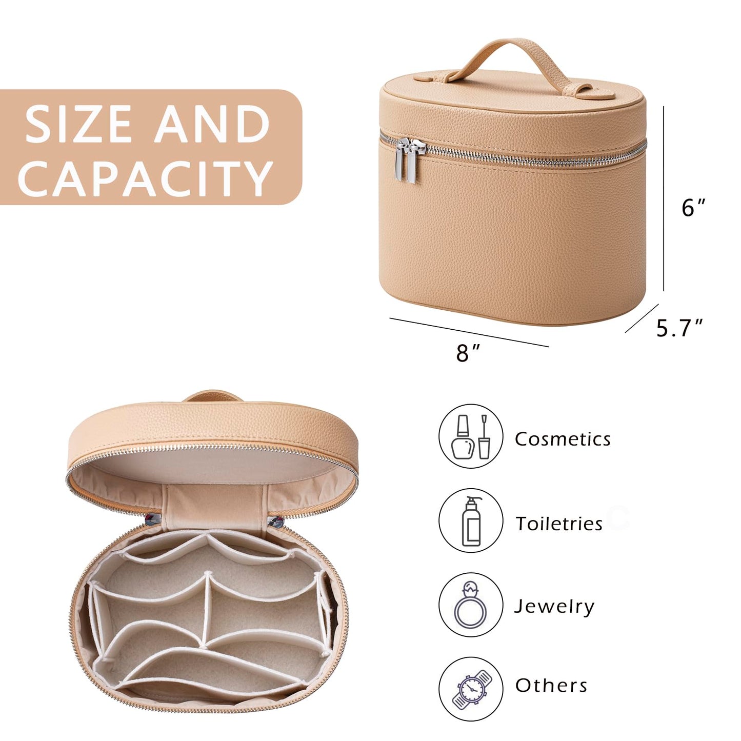 Lestikave Makeup Bag Vanity Case with Divider and Handle, Aesthetic Makeup Bags, Waterproof PU Leather Toiletry Bag for Women Girls, Portable Cosmetic Organizer Bag (04Khaki)