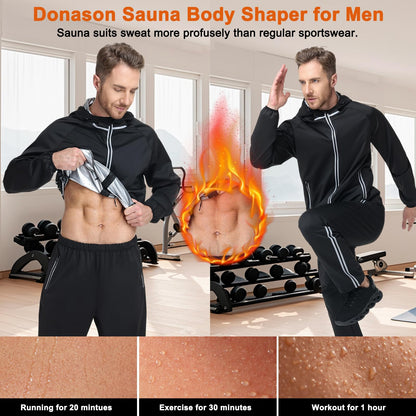 Donason Men's Sauna Suit Full Body Sweat Suit with Hood for Weight Loss Durable Jacket and Pants for Gym Workout Body Shaper Heat-Trapping Fitness Shapewear Long Sleeve Tracksuit with Zipper