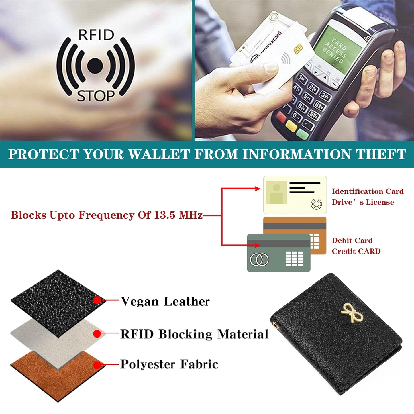 GOIACII Women's Small Bifold Cute Bow Wallet Rfid Blocking Ladies Card holder Wristlet with Zipper Coin Pocket Black