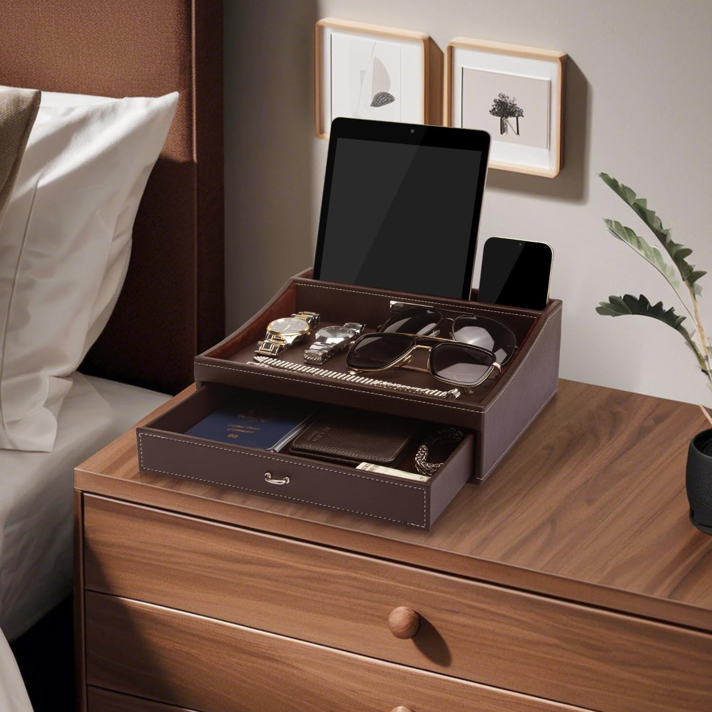 Baoyun Fathers Day Nightstand Organizer for Men, Mens Jewelry Box, Mens Dresser Organizer Countertop, Large Capacity Leather Valet Tray for Phones Pad Wallet Key Birthday Gifts for Men