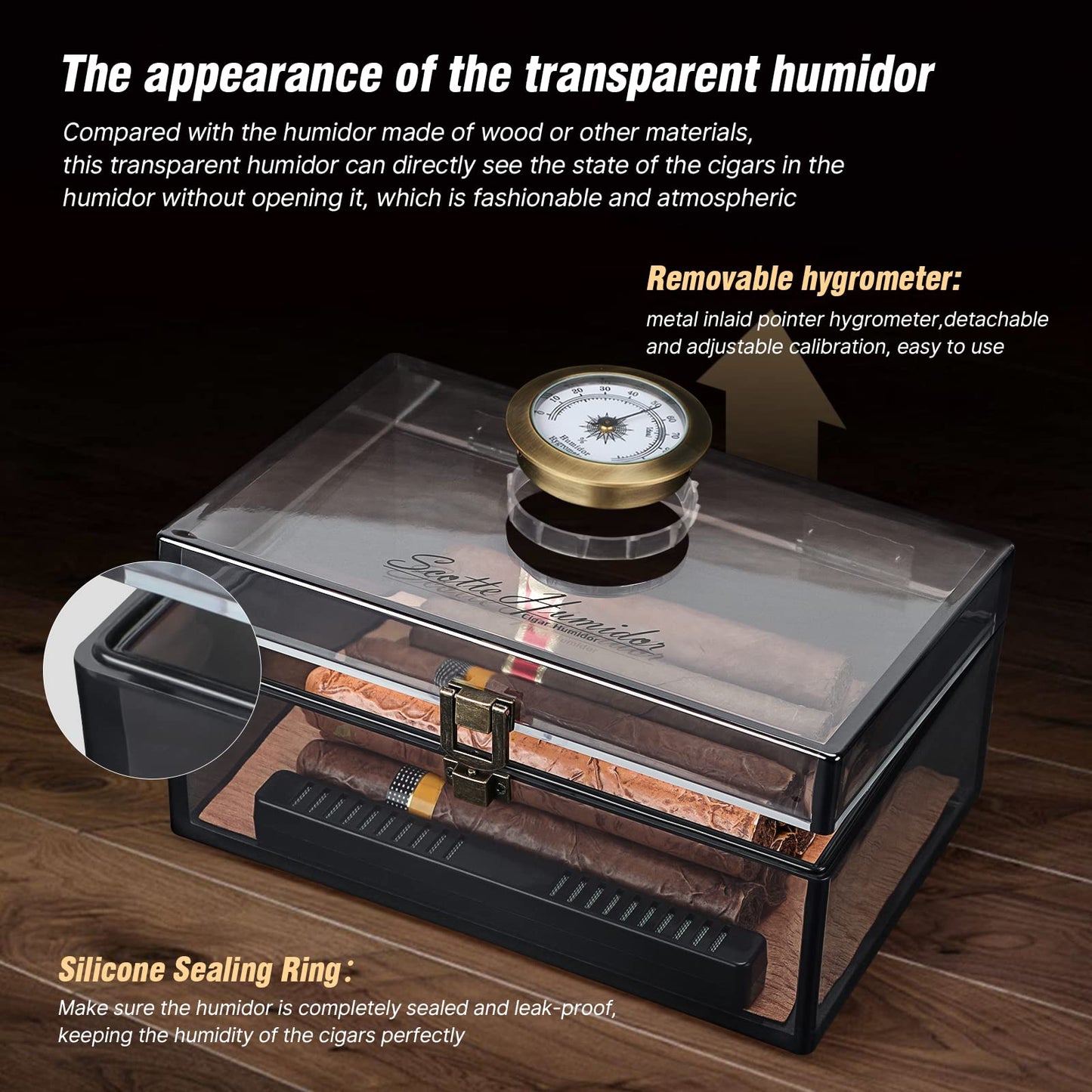 Scotte Acrylic Humidor - Cigar Box With Hygrometer, Humidifier & Accessories (Grey, Holds 20 Cigars)