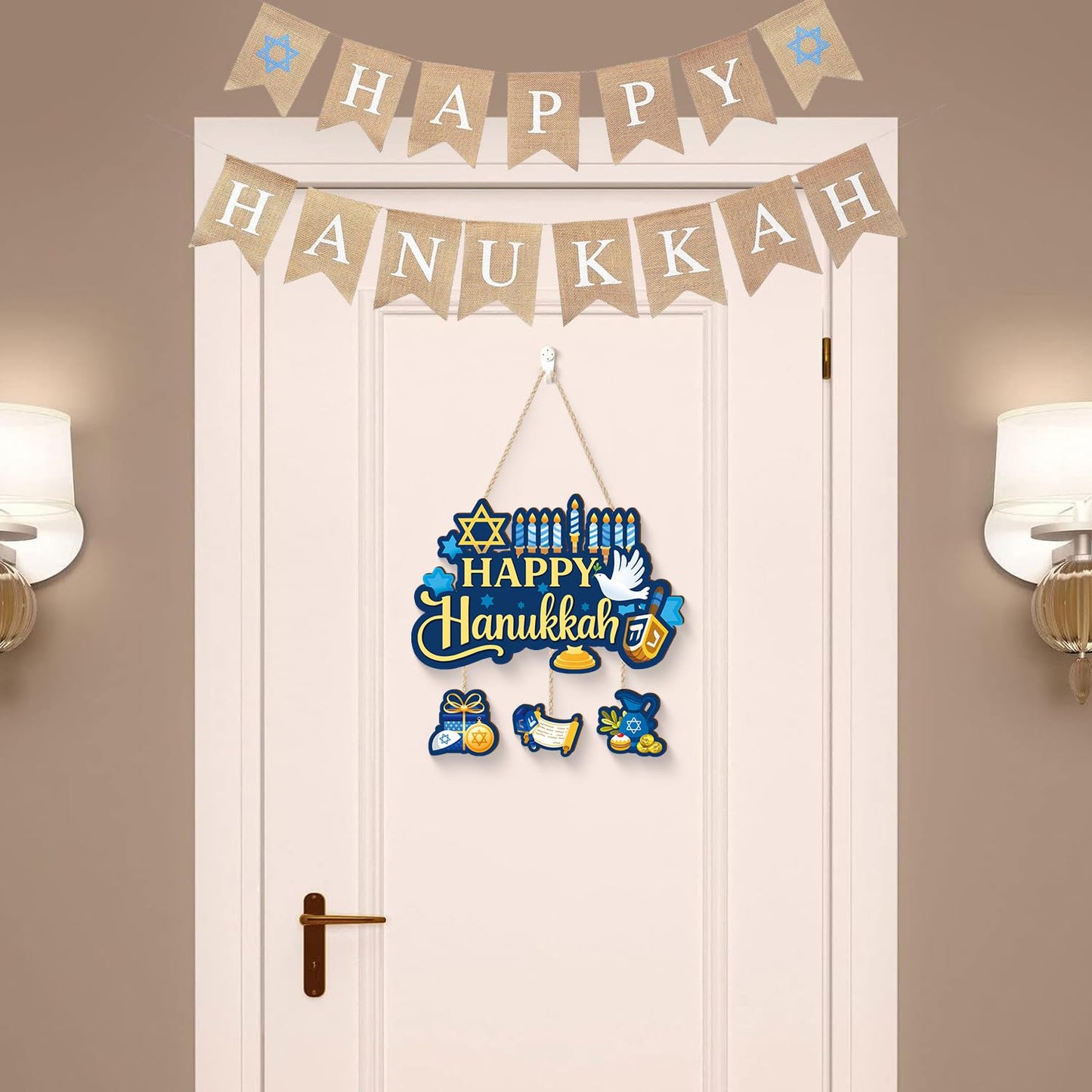 Aurlan Happy Hanukkah Door Sign,Hanukkah Wooden Wall Hanging,Jewish New Year Door Decor,Chanukah Wood Hanging,Chanukah Candlestick Wall Sign,Candle Pigeon Sufganiyot Decor for Porch Yard Home Room Office