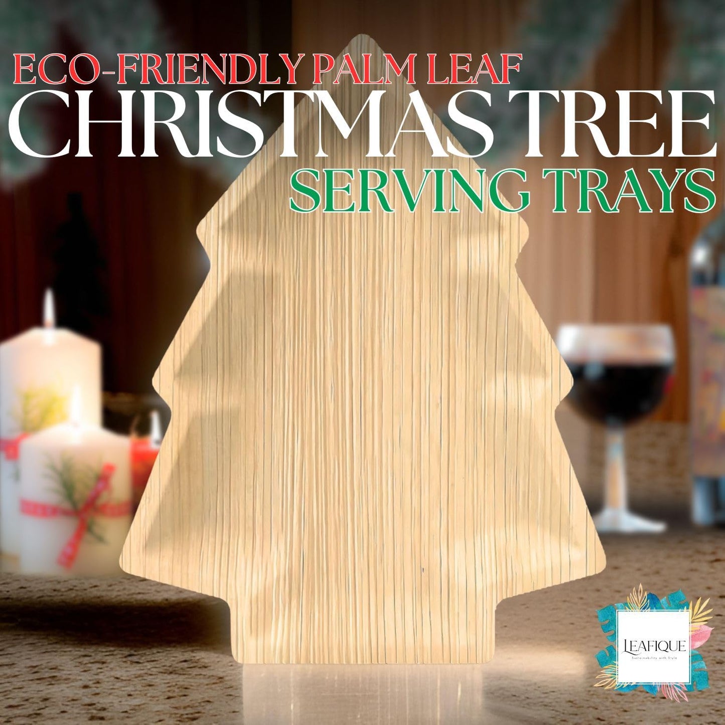 LEAFIQUE 12 x 8 Inch Palm Leaf Christmas Tree Trays – Eco-Friendly Charcuterie Board Tray, Biodegradable Disposable Holiday Serving Platters (Pack of 10)