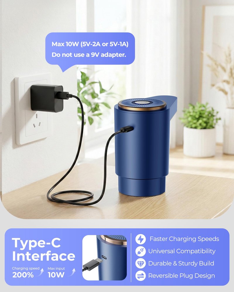 Cozycharm Water Jug Pump for 5 Gallon Bottle – Portable Electric USB-C Charging Dispenser, Dual Powerful Motors, Fast Flow, Fits 2-5 Gallon Jugs – Ideal for Home, Office, Camping, RV, Blue