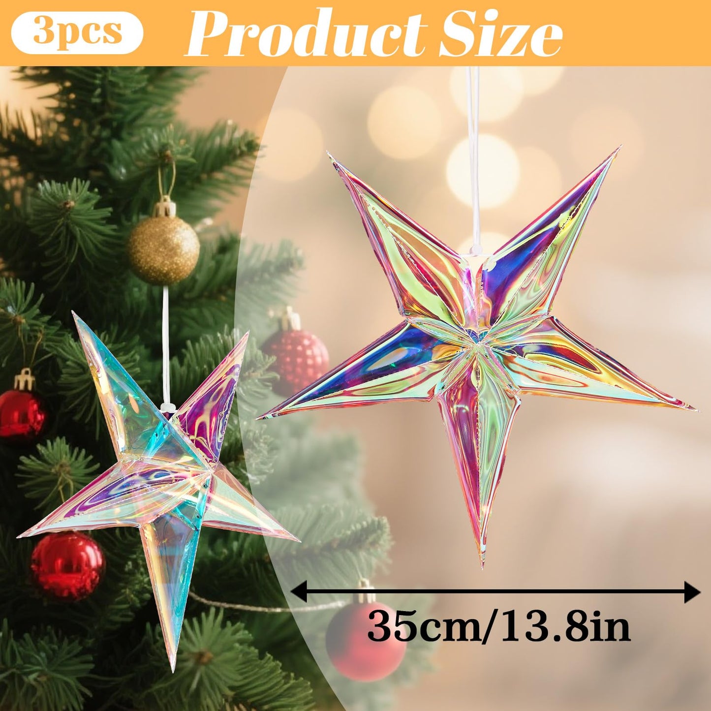 SUNBEAUTY 14 Inch 5 - Pointed Iridescent Christmas Lights Moravian Star 3D Christmas Party Decor Hanging for Wedding Birthday Showers Home Evening Party Window Decoration
