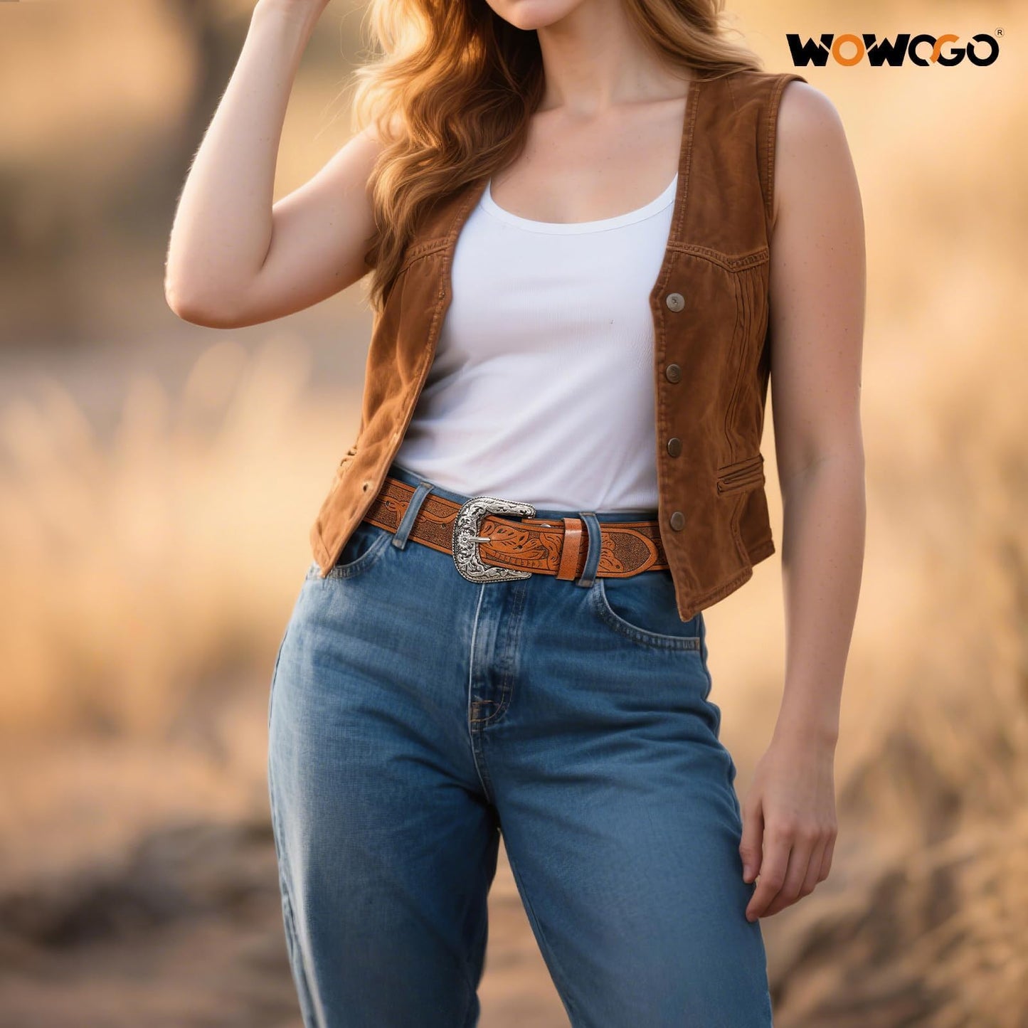 WOWOGO 2 Pack Western Cowboy Belts for Men Women Cowgirl Country Floral Engraved Pu Leather Belt with Longhorn Bull Buckle
