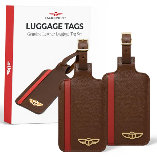 Talonport Genuine Leather Luggage Tag with Privacy Flap Set for Men Women Travel Easy with Suitcase Tags Identifiers (Brown, 2 Pack)