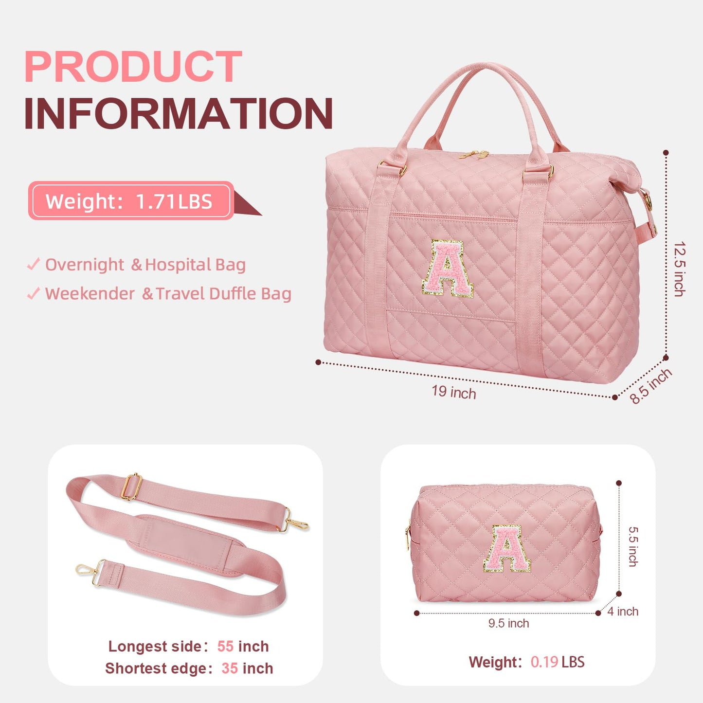 Gifts for Teen Girl, Initial Travel Duffle Bag, Personalized Women Weekender Overnight Bags, Gift for Daughter Kid Mom Friend College Girl Graduation Teacher（Pink,A)