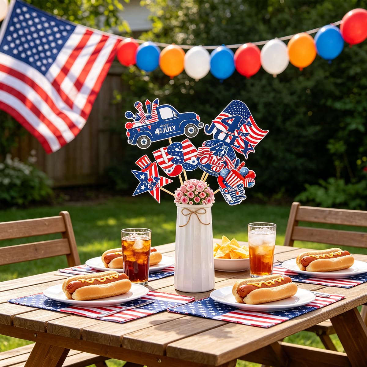 12 Pcs 4th of July Centerpiece Sticks Floral Picks Red White Blue American Flag Truck Stars Stripes Patriotic Cake Bouquet Tabletop Decoration for Independence Day Vase Filler Photo Prop Party