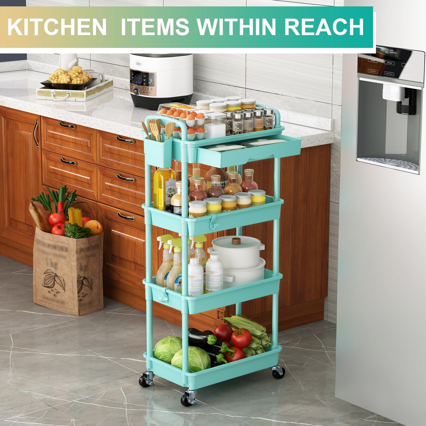 Goovilla 3 Tier Rolling Utility Cart Organizer with Removable Drawer, Stable and Sturdy Black Rolling Storage Carts with 2 Lockable Wheels for Bathroom, Kitchen, Snack, Craft, Makeup, Baby Essentials