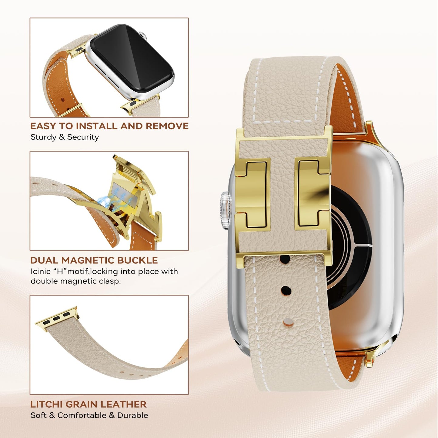 EVIE BAND Leather Stap Compatible with Apple Watch Bands for Women 40mm 42mm 44mm 46mm 38mm 41mm 45mm 49mm Series 11 10 Ultra iWatch Bands Men Magnetic Dreesy Designer Gold Clasp 9 8 7 6 5 4 3 2 1