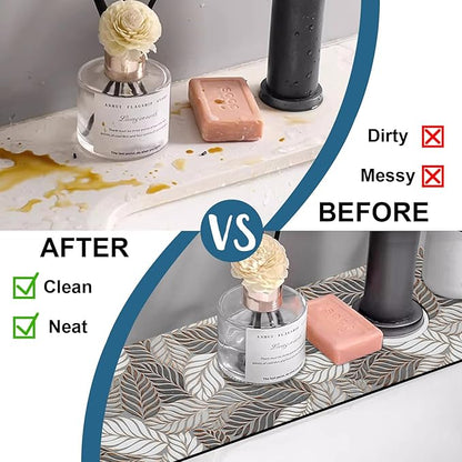 Embossed Leaf Texture Sink Faucet Absorbing Mat Grey Leaf Super Absorbent Fast