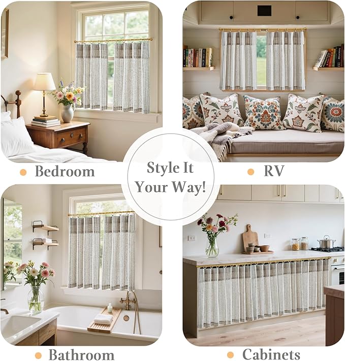 jinchan Striped Linen Kitchen Curtains with Attached Valance 24 Inch Length Cafe Tier Curtains for Living Room Rustic Half Window Light Filtering Rod Pocket Small Drapes 2 Panels Taupe Grey