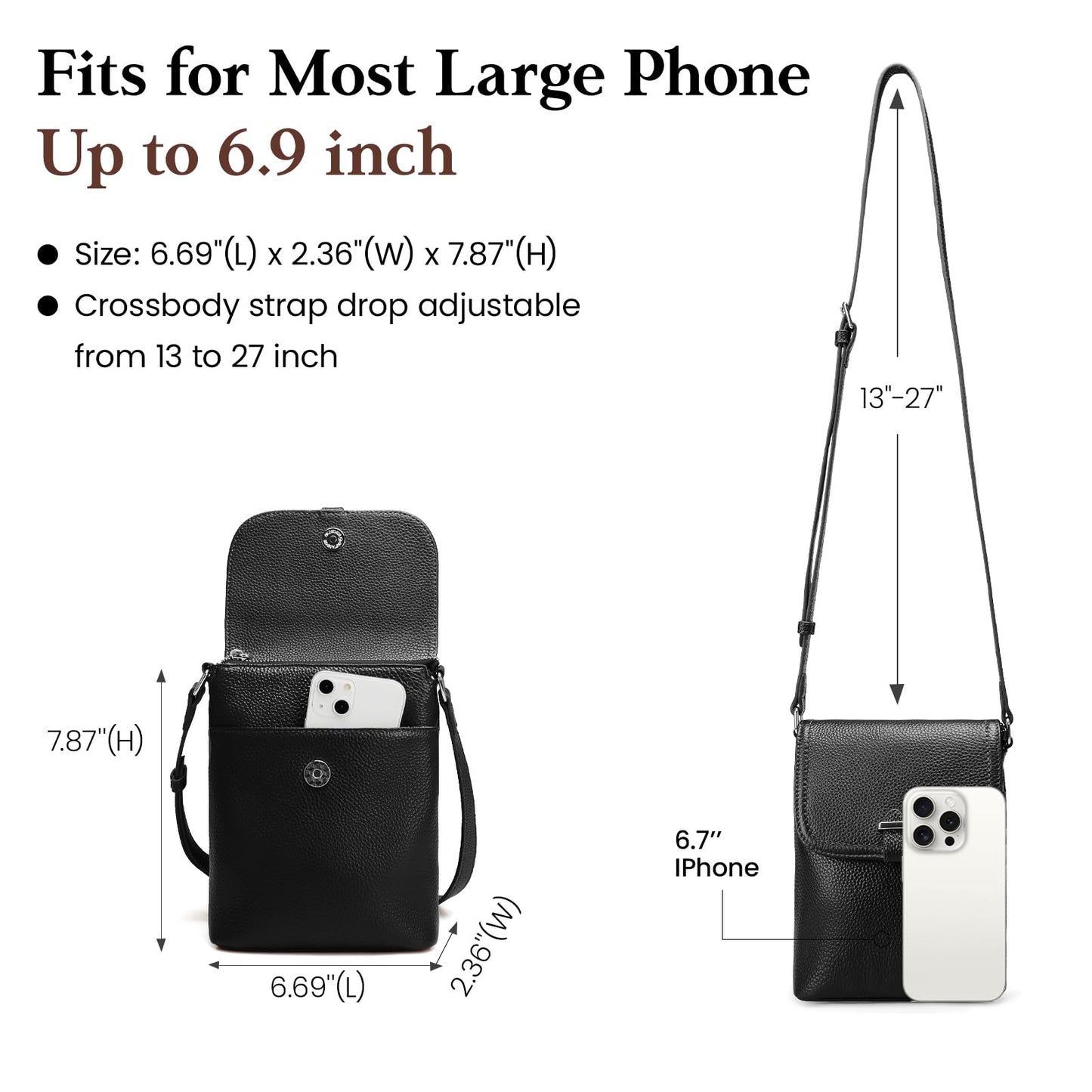 befen Black Genuine Leather Small Crossbody Bags for Women, Womens Cell Phone Purses Cross body Bag Purse with RFID Card Slots for Daily and Travel