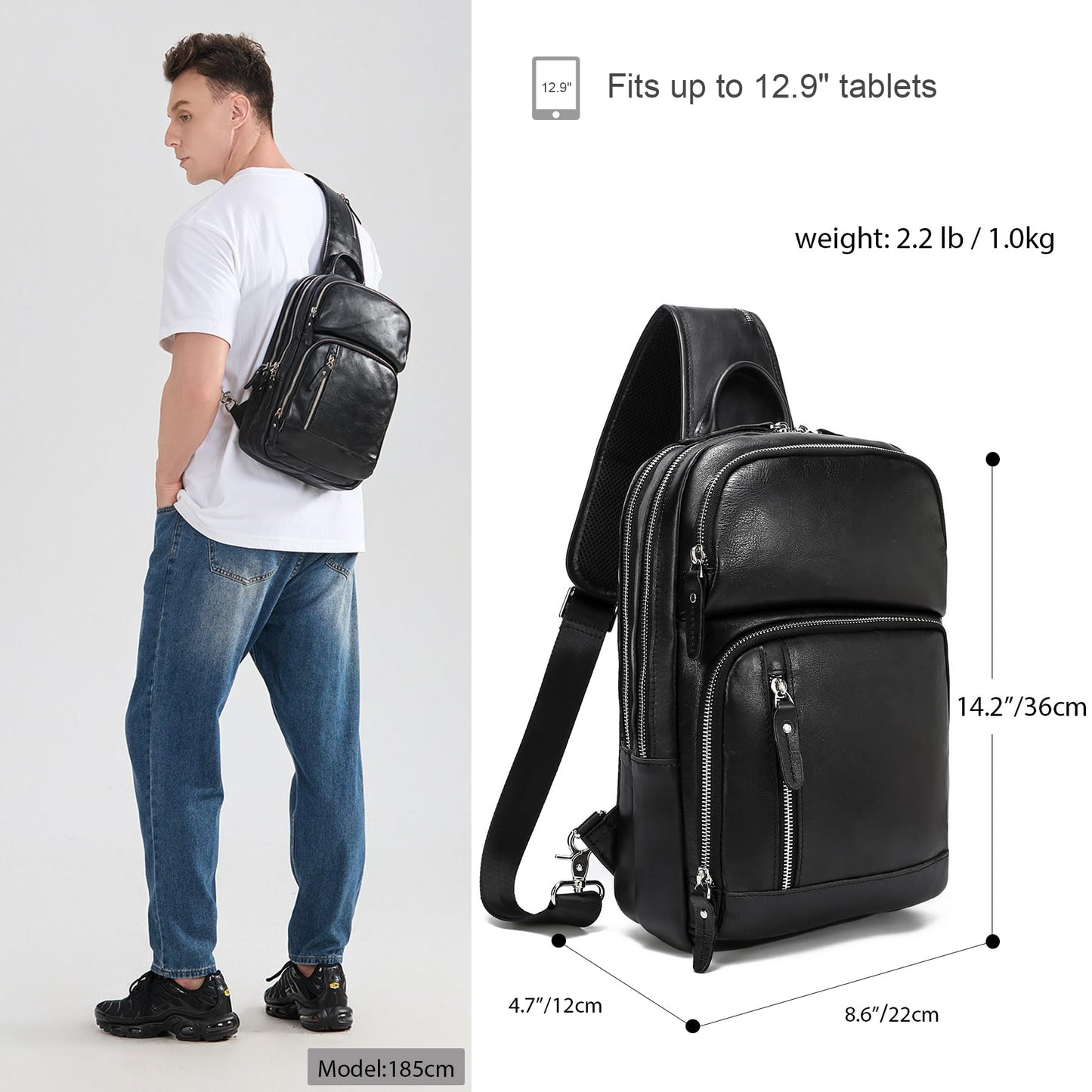 LANNSYNE Full Grain Leather Sling Bag For Men Crossbody Chest Daypack fits 12.9" iPad