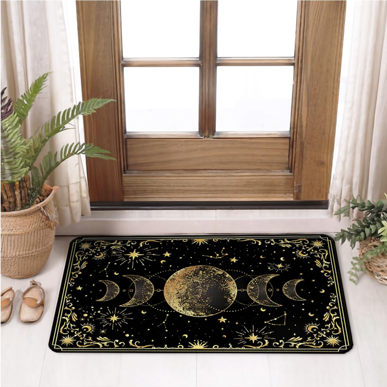 WARDOS Mystical Gold Boho Triple Moon Door Mat, Witchy Celestial Sun and Moon Astrology Doormats for Front Door Outdoor Indoor Entrance Entryway, Witch Stars Aesthetic Area Rug Bath Mats, 17x30 Inch