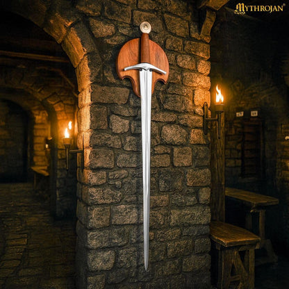 Medieval Sword Wall Display Plaque with Adjustable Steel Hanger– 10 × 9 in Acacia Hardwood Wall Rack for Medieval, Fantasy & Decorative Swords