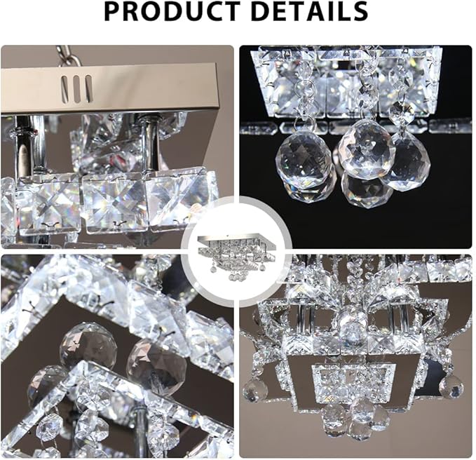 CXGLEAMING 11.8" Modern Crystal Chandelier LED Ceiling Light Fixture Suitable for Kitchen Corridor Hallway Bedroom Bathroom Dining Room 4 Petals/Raindrop Ball Square Wall Switch （White Light）