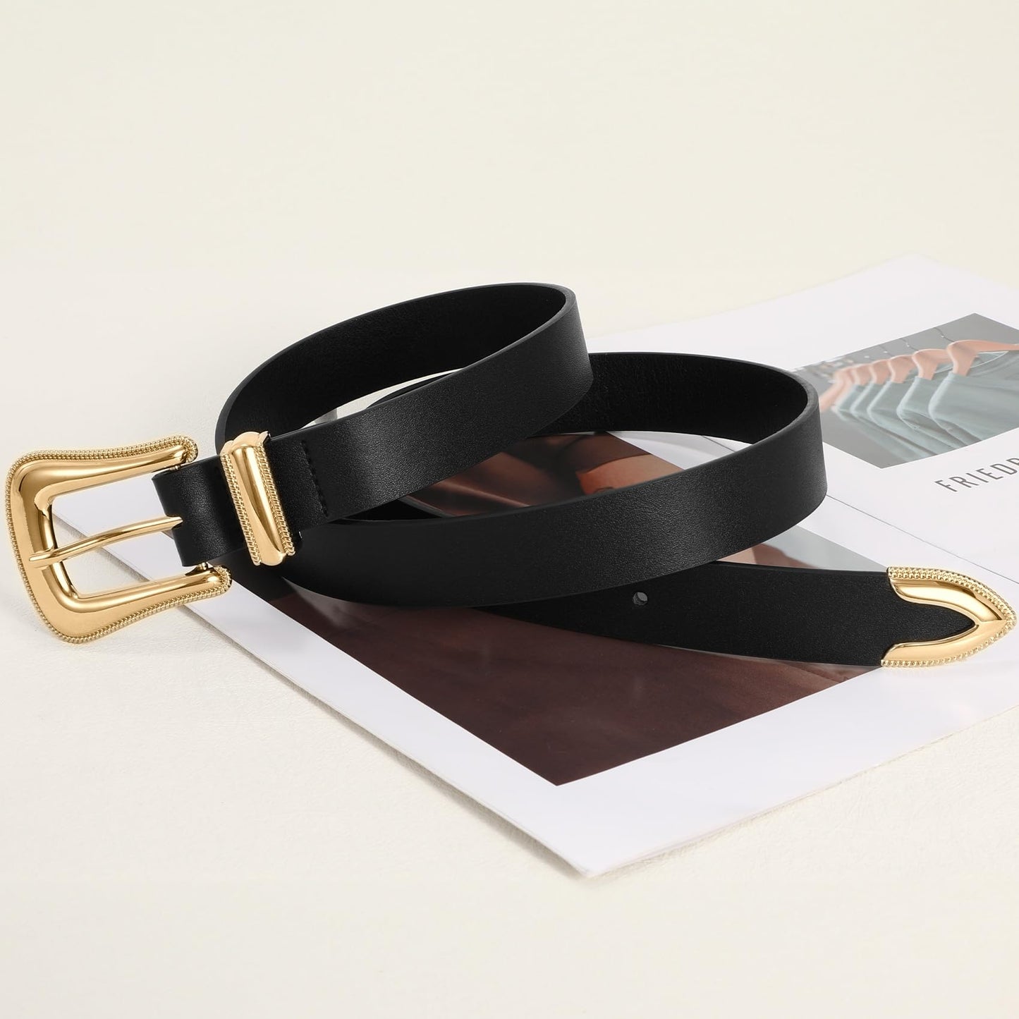 XZQTIVE Women's Leather Belt for Jeans Pants Dresses Fashion Ladies Western Leather Belt Gold Buckle, Black