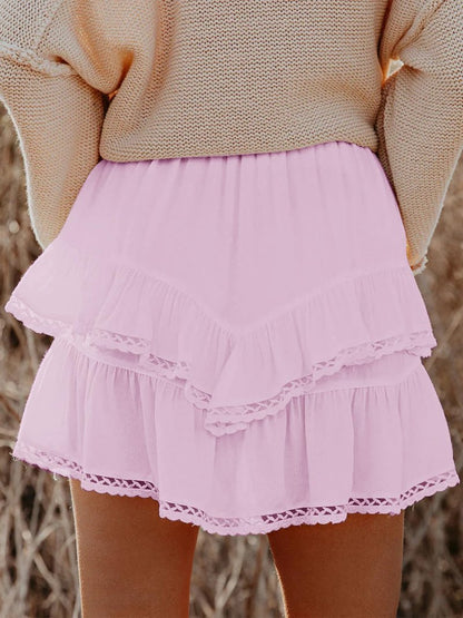 Aoudery Flowy Shorts for Women Casual Boho Ruffle Tiered Skorts High Waist Mini Skirts Golf Tennis Butterfly Crochet Shorts - All Sakura Pink XS