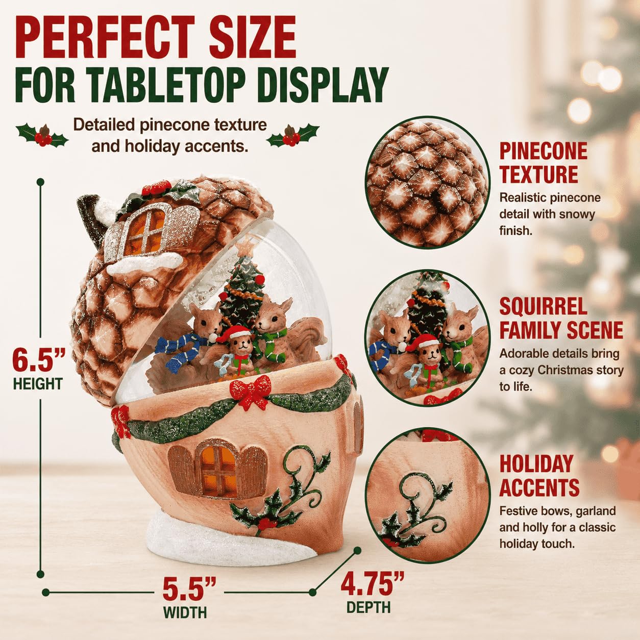 Christmas Pinecone Snow Globe Lantern with 6 Hours Timer, 3 AAA Battery Operated Glittering Water Globe, Lighted Squirrel Family Snow Globes for Xmas Mantel Tabletop Shelf Holiday Decorations Gifts