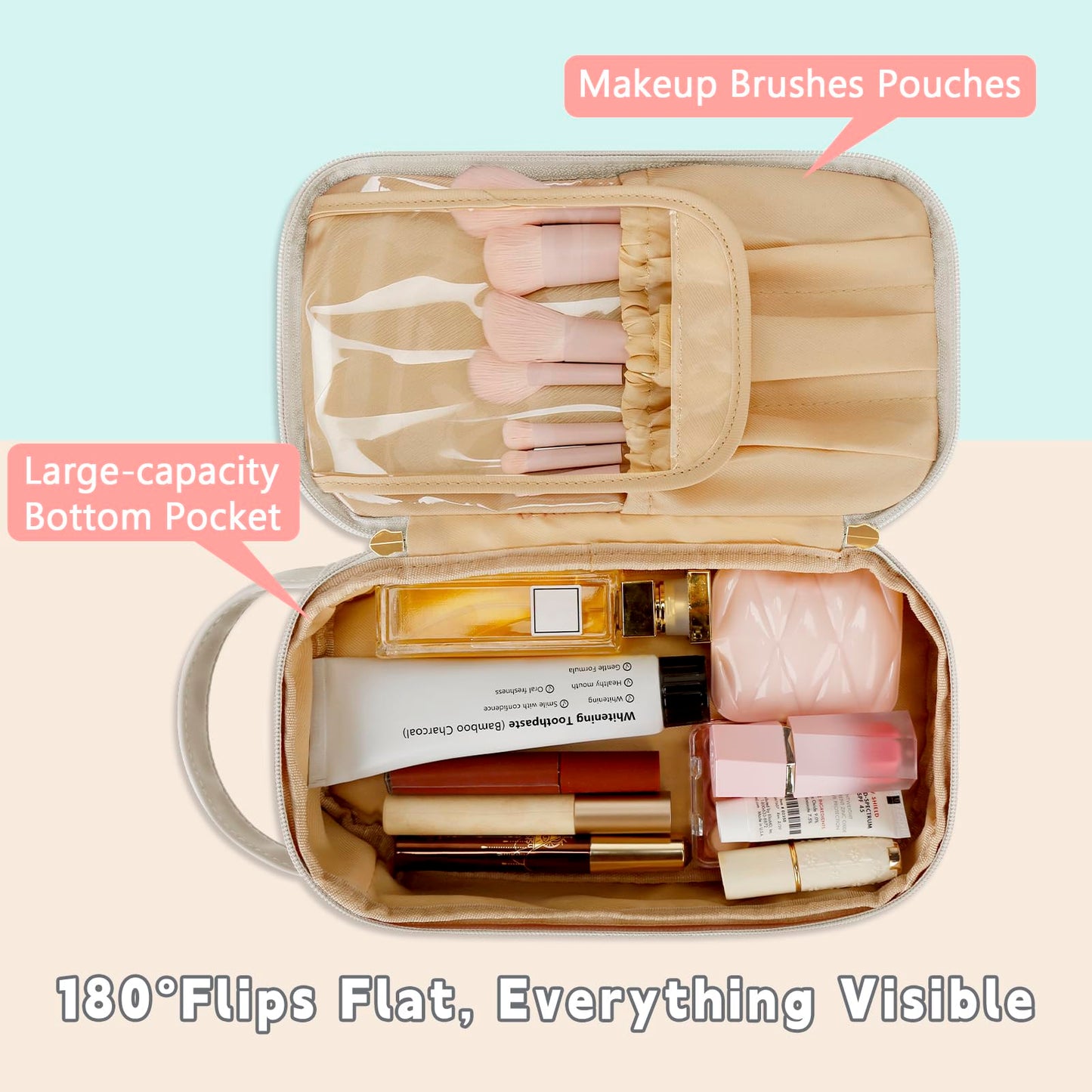 CLOUDWINGS Initial Makeup Bag for Women - Personalized Double Layer Cosmetic Bags with Makeup Brush Organizer, Hanging Travel Toiletry Bag with Large Capacity, Gifts for Mom Girlfriend Wife（Beige,T）