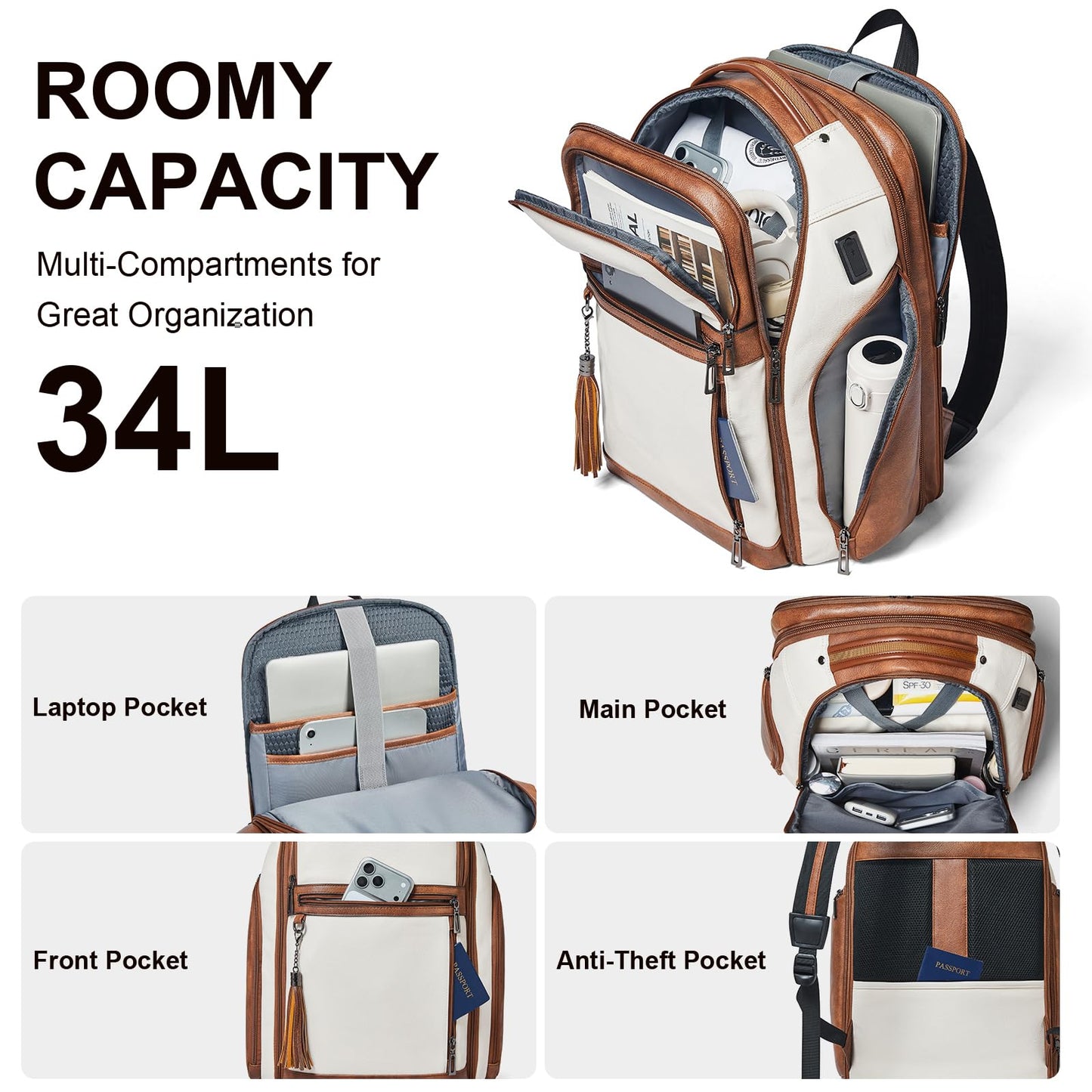 Shrrie Leather Backpack for Women, 17 Inch TSA Travel Backpack with USB Charger, 48L Expandable Large Capacity Computer Backpack Purse for Work Business Travel, Beige