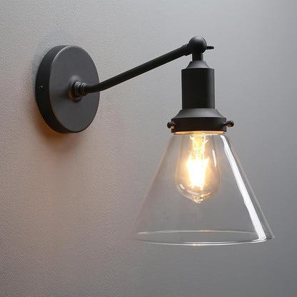 PERMO Industrial Vintage Slope Pole Wall Mount Single Sconce with Funnel Flared Clear Glass Shade Wall Sconce Light Lamp Fixture (Black)