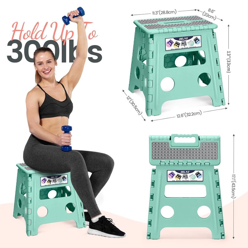 Delxo Folding Step Stool 13 Inch Non-Slip Foldable Stools for Kids & Adults Up to 300 LBS Kitchen Collapsible Fold Up Stepping Stool with Dotted 1 Pack Green