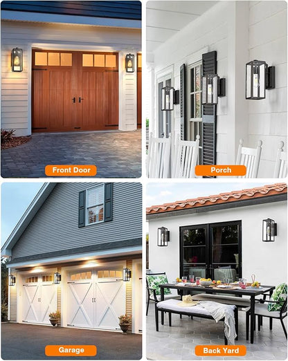 VIANIS Dusk to Dawn Outdoor Wall Lighting, Exterior Waterproof Wall Sconce Light Fixtures, Black Outside Porch Lights with Toughened Glass Shade, Anti-Rust Wall Mount Lantern for Garage 2Pcs