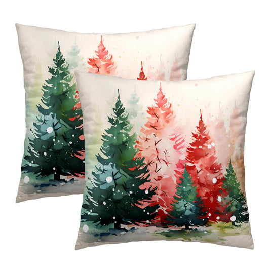 Watercolor Christmas Tree Pillow Covers Set of 2 - Red Green Xmas Pine Trees Decorative Pillow Cases for Winter Holiday Indoor Home Decor Couch Sofa Bed 16X16 Inch