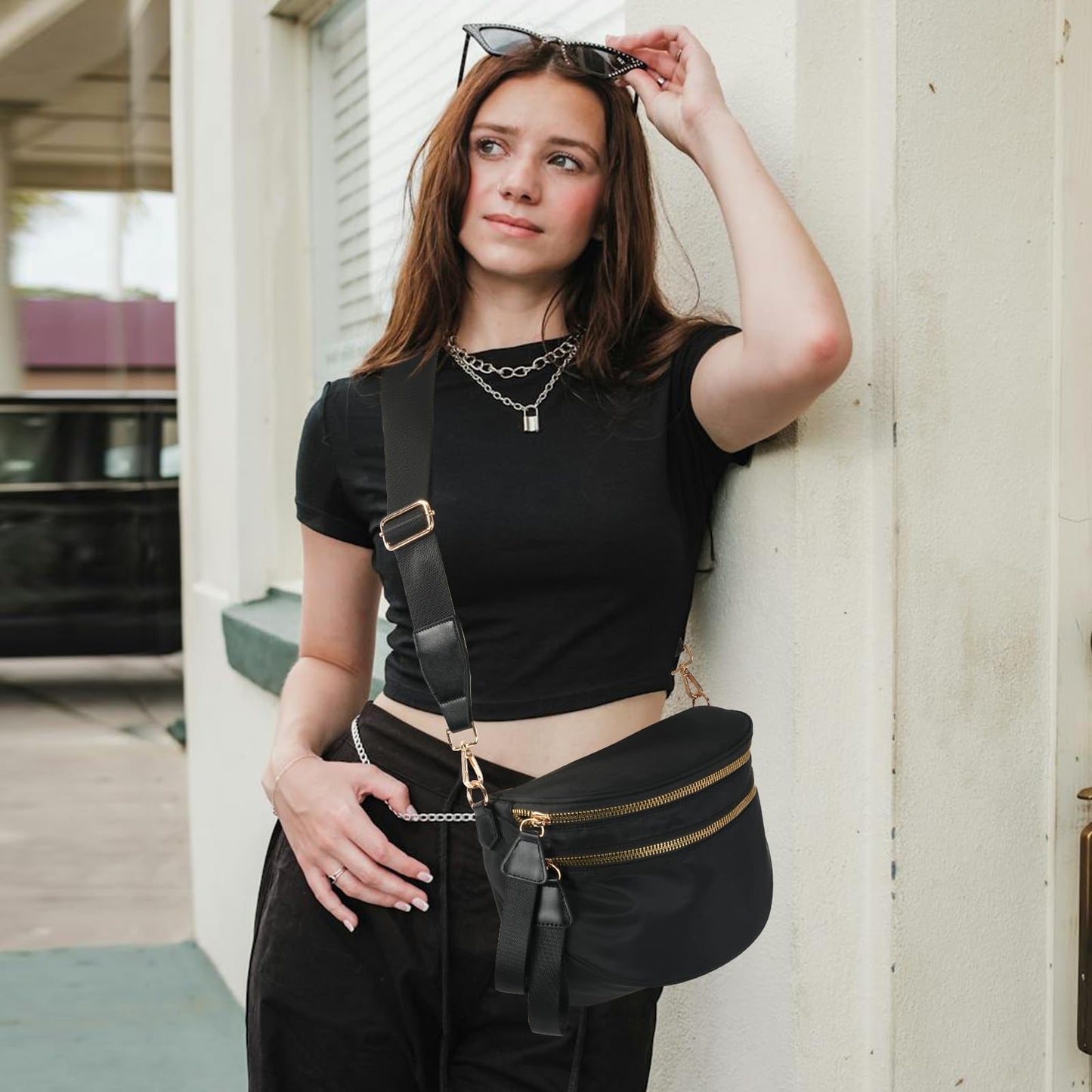 Nylon Crossbody Bags Bum Bag for Women Large Sling Bag Purse with Adjustable Strap（Black）
