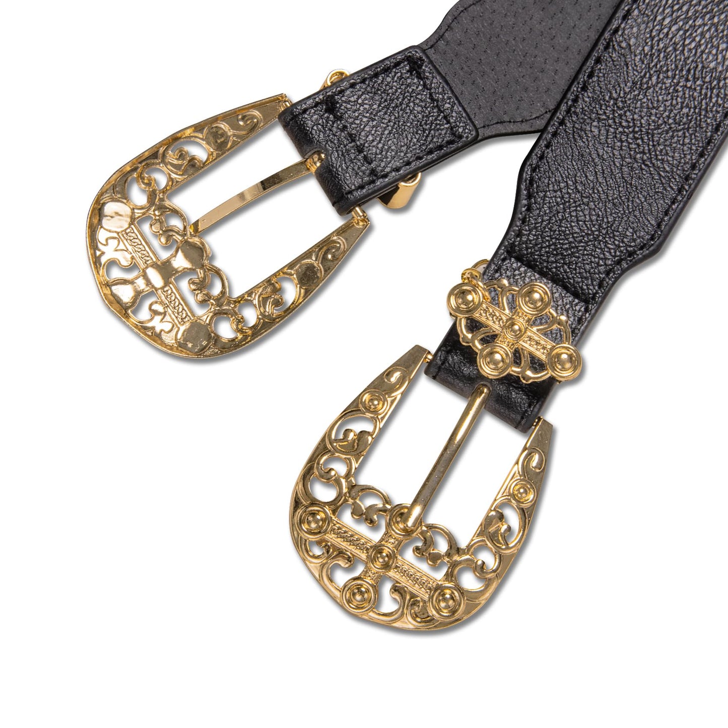 Barry.Wang Women Double Western Belt Vintage Leather Black Belt Gold Buckle Design Elastic Waist Chain Jeans Dresses Cowgirl
