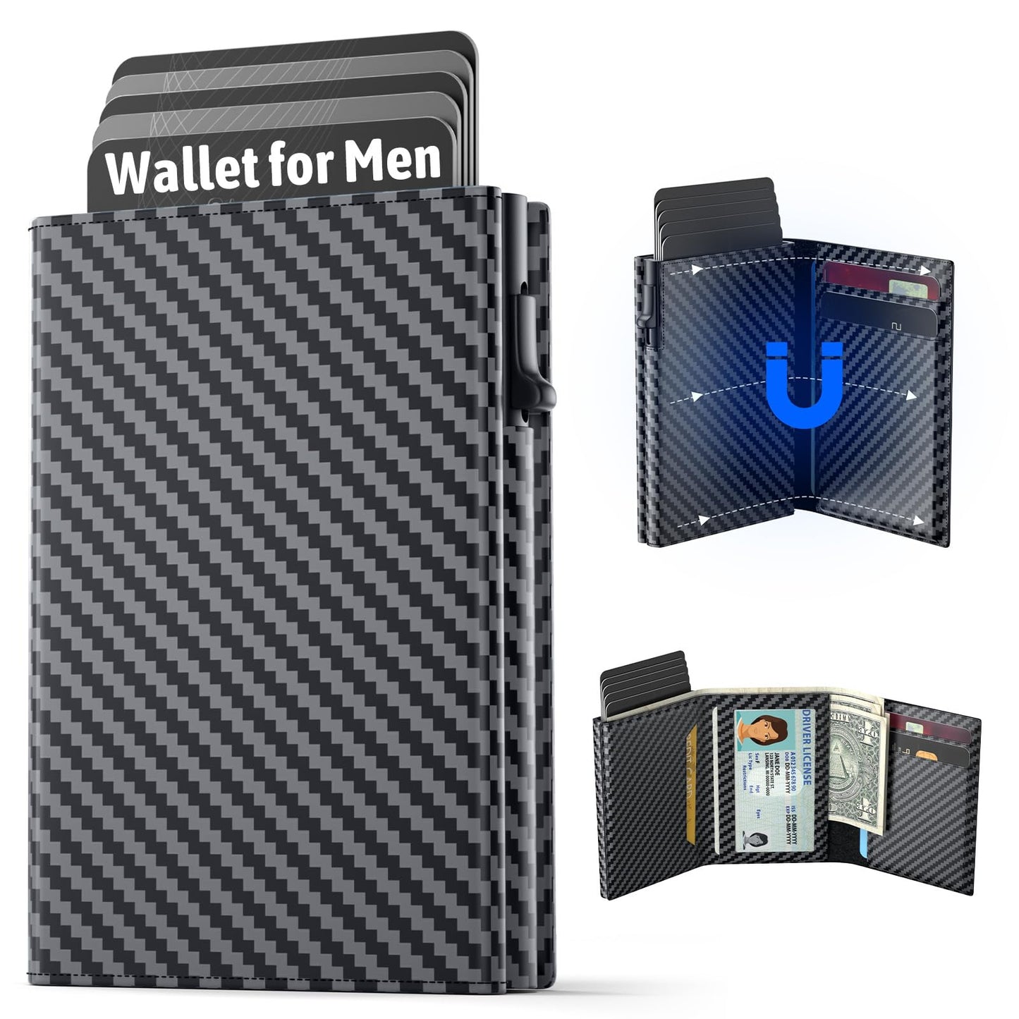 FIYUM Wallet for Men, Minimalist Wallets with Cash Pocket & 9-13 Cards, ID Window Metal Case Smart Slim Pop Up Credit Card Holder Flip with Magnetic Closure RFID Blocking Trifold Wallet with Gift Box