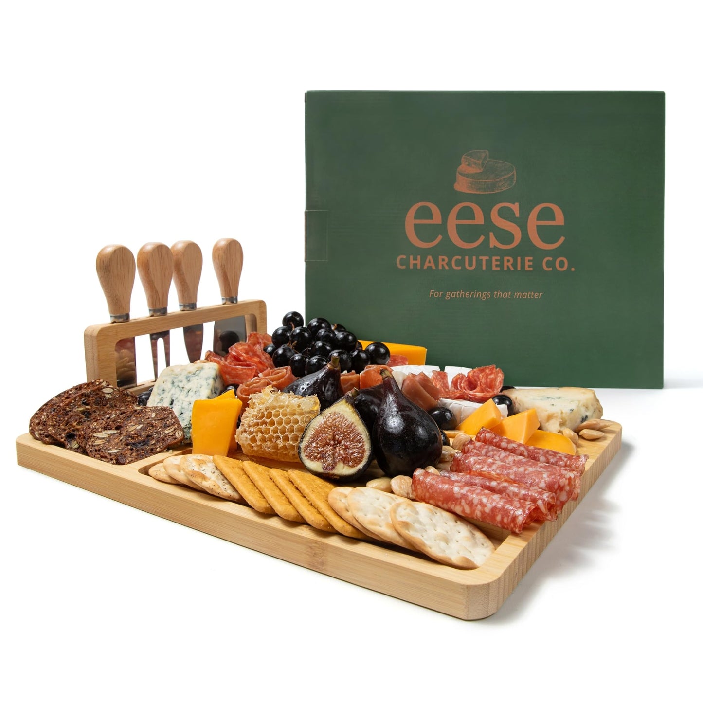 Eese Charcuterie Board Set, 14 x 11 Inch Bamboo Cheese Board with Cheese Knife Set, Deep Groove Serving Tray, Screw-Mount Utensil Holder, Gift for Housewarming & Entertaining
