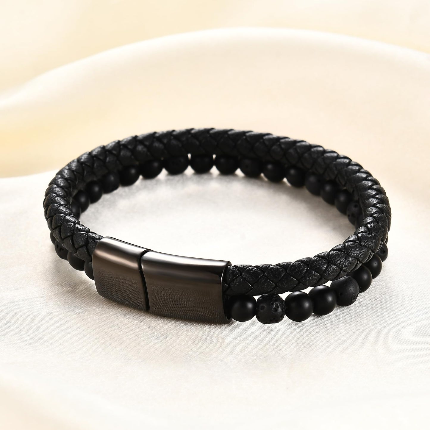 MYNENEY Stainless steel tiger eye stone cuff leather bracelet with bead, hand woven double-layer men's bracelet (Black, 9, Inches)