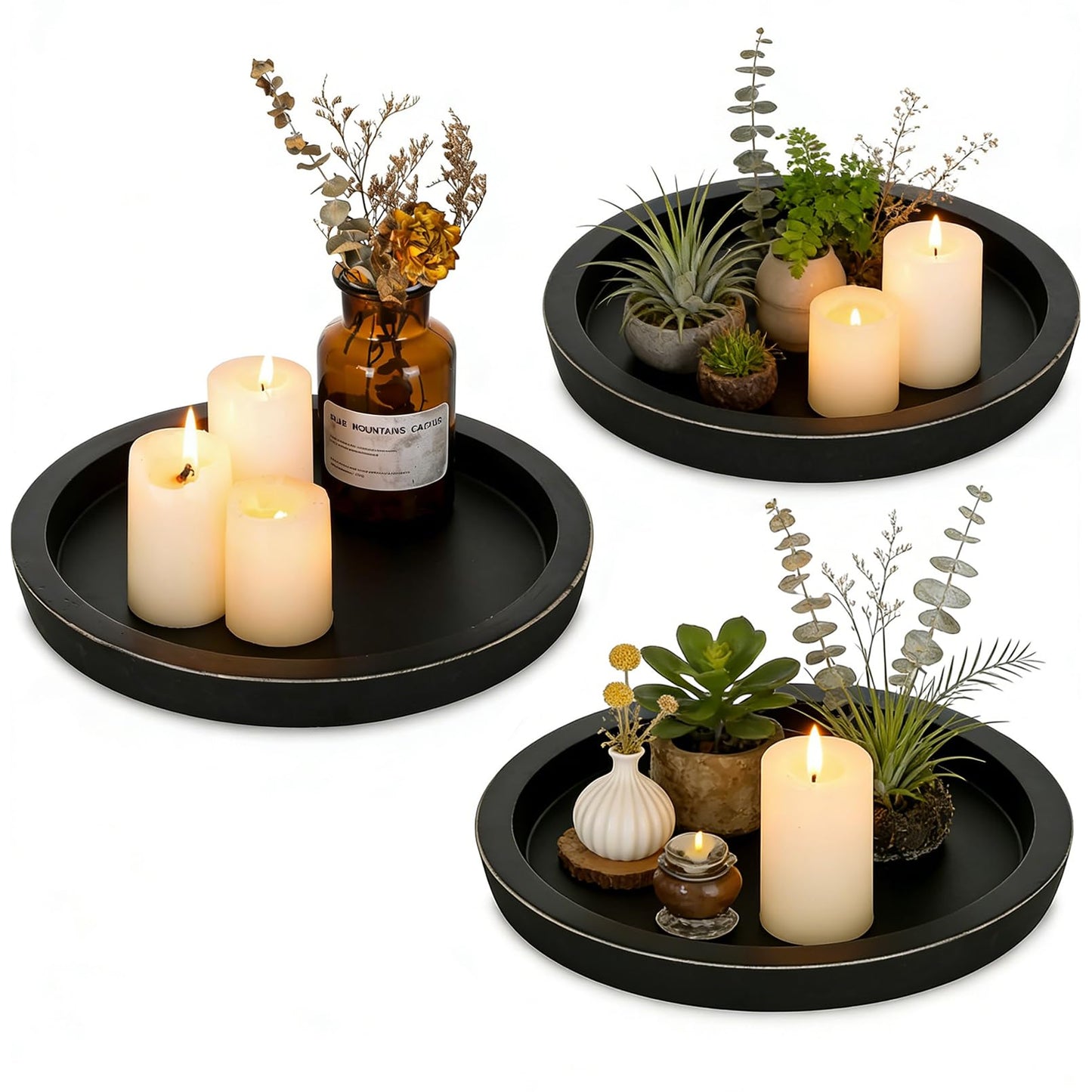 OKSON 3-Pack Round Wooden Candle Plate Holder Trays, Rustic Farmhouse Decorative Round Wood Tray for Coffee Table, Dining, Tealight & Pillar Candles, Party, Wedding, Christmas Home Decor (Black)